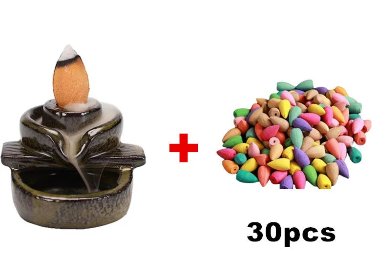 With 30 Incense Waterfall Incense Burner Ceramics Backflow Buddha Censer Backflow Incense Holder Home Office Yoga Teahouse Decor - AMULET RING STORE