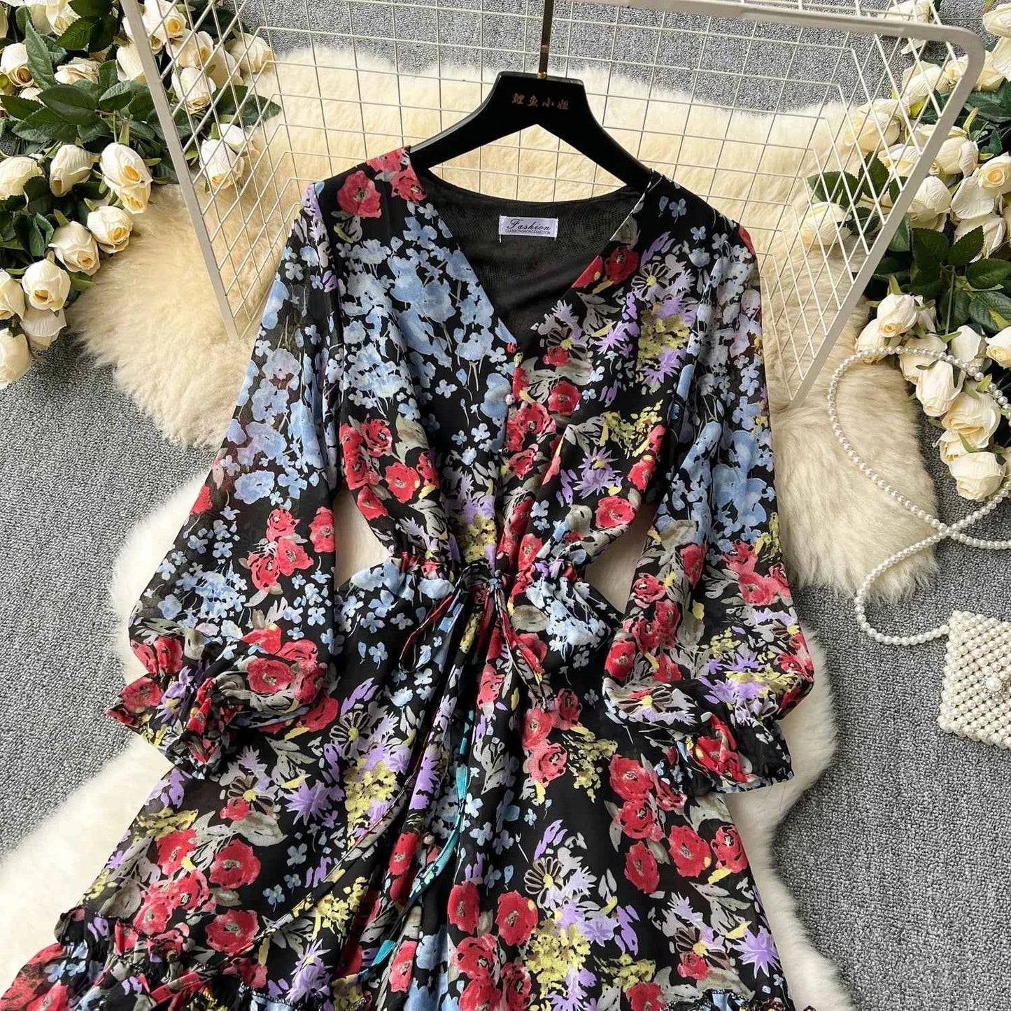 2026 Romantic Floral Print Chiffon Long Sleeve Dress Women Sexy V-neck A Line Beach Vestidos Elegant Elastic Waist Party Dress