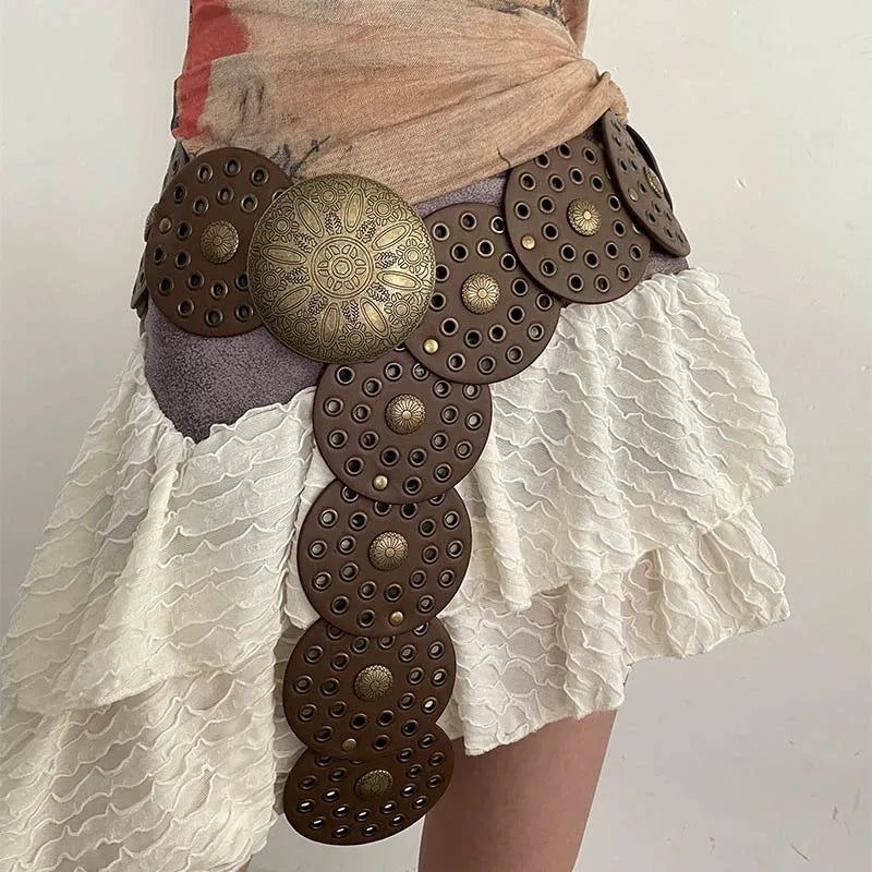 Spice Girl Y2K Harajuku Style Vintage Rivet Patchwork Design Wide Belts For Women High Street Faux Leather Waistband cinturones - AMULET RING STORE