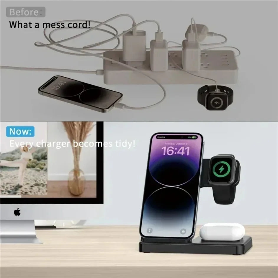 3 In 1 Wireless Charger Stand Foldable 15W Fast Wireless Charging Station Dock for iPhone 16 15 14 13 12 iWatch 9 8 7 6 Airpods