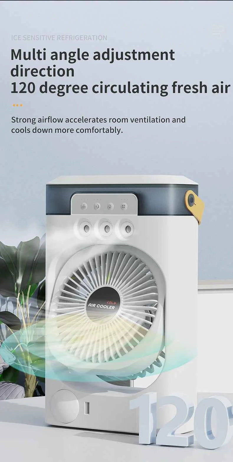 Portable air conditioning fan household 5000 mA desk humidifier small fan office three hole spray fan with color night light