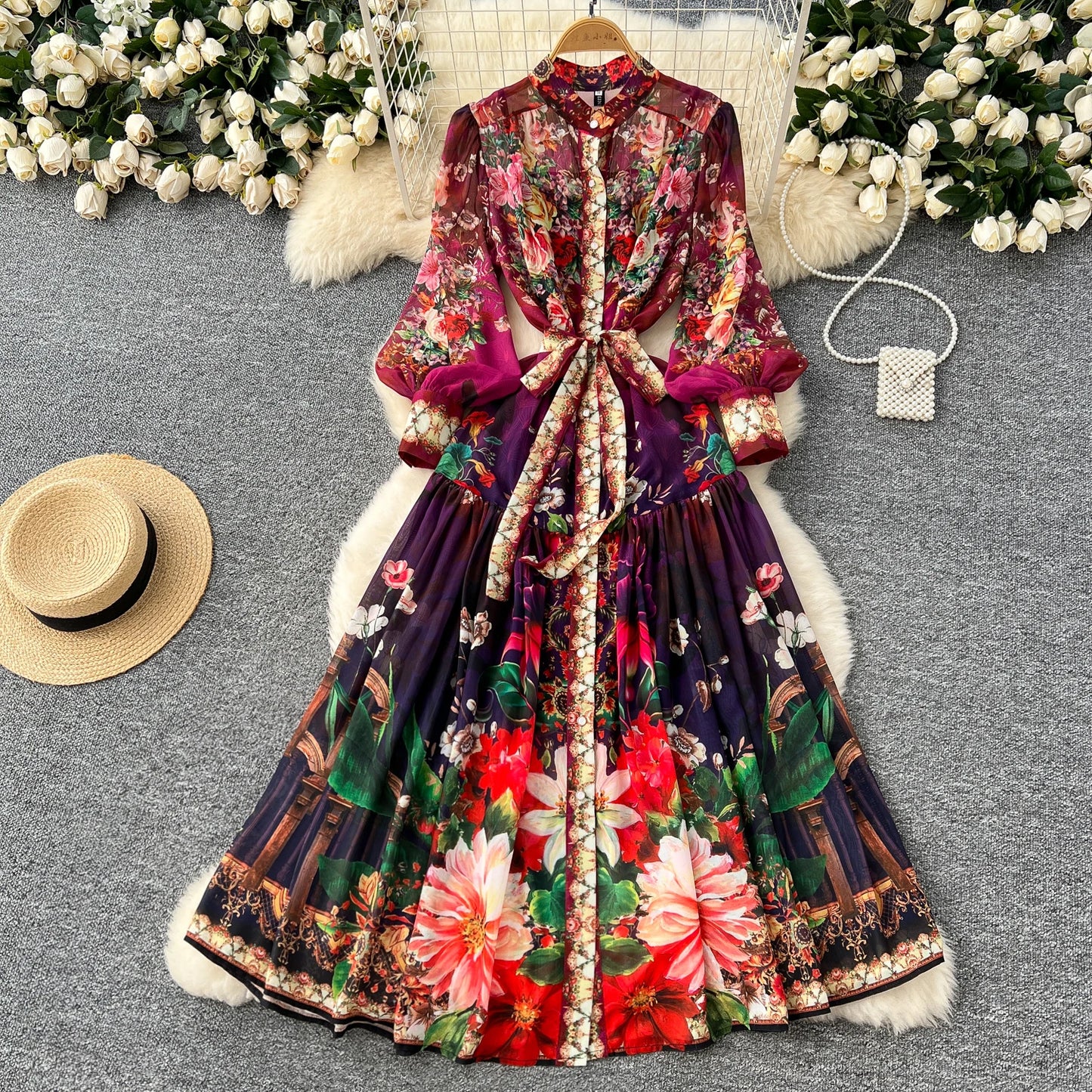 SINGREINY Vintage Print Chiffon Dresses Women Lantern Sleeve O Neck Design Fashion High Quality Court Floral Pleated Long Dress