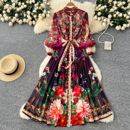 SINGREINY Vintage Print Chiffon Dresses Women Lantern Sleeve O Neck Design Fashion High Quality Court Floral Pleated Long Dress