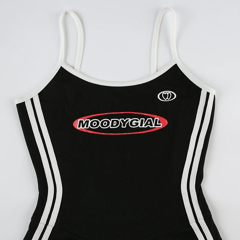 HEYounGIRL Tennis Style Spaghetti Strap Mini Dress Letter Print Contrast Color Sleeveless Women Short Dresses Summer Casual - AMULET RING STORE