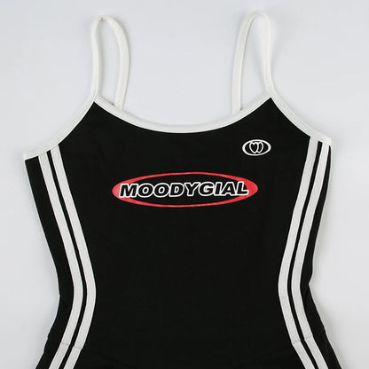 HEYounGIRL Tennis Style Spaghetti Strap Mini Dress Letter Print Contrast Color Sleeveless Women Short Dresses Summer Casual - AMULET RING STORE