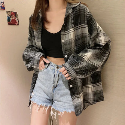 Plaid Shirt Women Spring Long Sleeve Top Female Vintage OL Fashion Single Breasted Blouse Ladies Preppy Style Loose Check Shirts