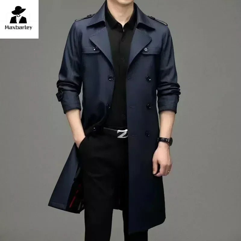 Brand Business Men's Windbreaker 2023 Autumn High-quality Khaki Navy Black Double-breasted Trench Coat Fashion Male New Clothing - AMULET RING STORE