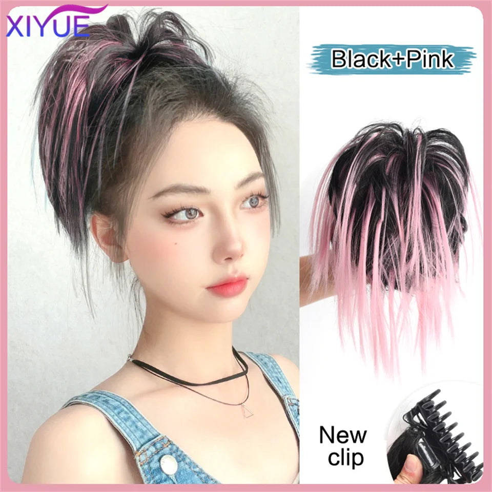 XIYUE Synthetic Messy Hair Bun Tousled Hairpiece Elastic Band Chignon Curly Scrunchie Updo Cover Hair Tail for Women Pink - AMULET RING STORE
