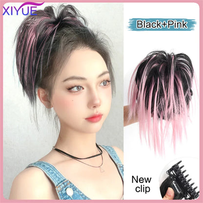 XIYUE Synthetic Messy Hair Bun Tousled Hairpiece Elastic Band Chignon Curly Scrunchie Updo Cover Hair Tail for Women Pink - AMULET RING STORE