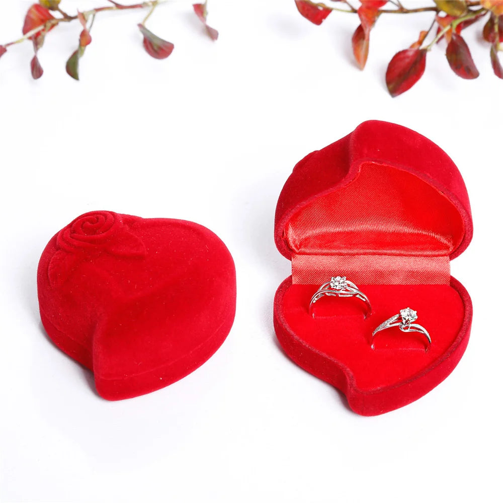 Heart-Shaped Velvet Jewelry Box Rose Flower Valentine'S Day Engagement Proposal Wedding Ring Box Gift Box Jewelry Organizer Case - AMULET RING STORE