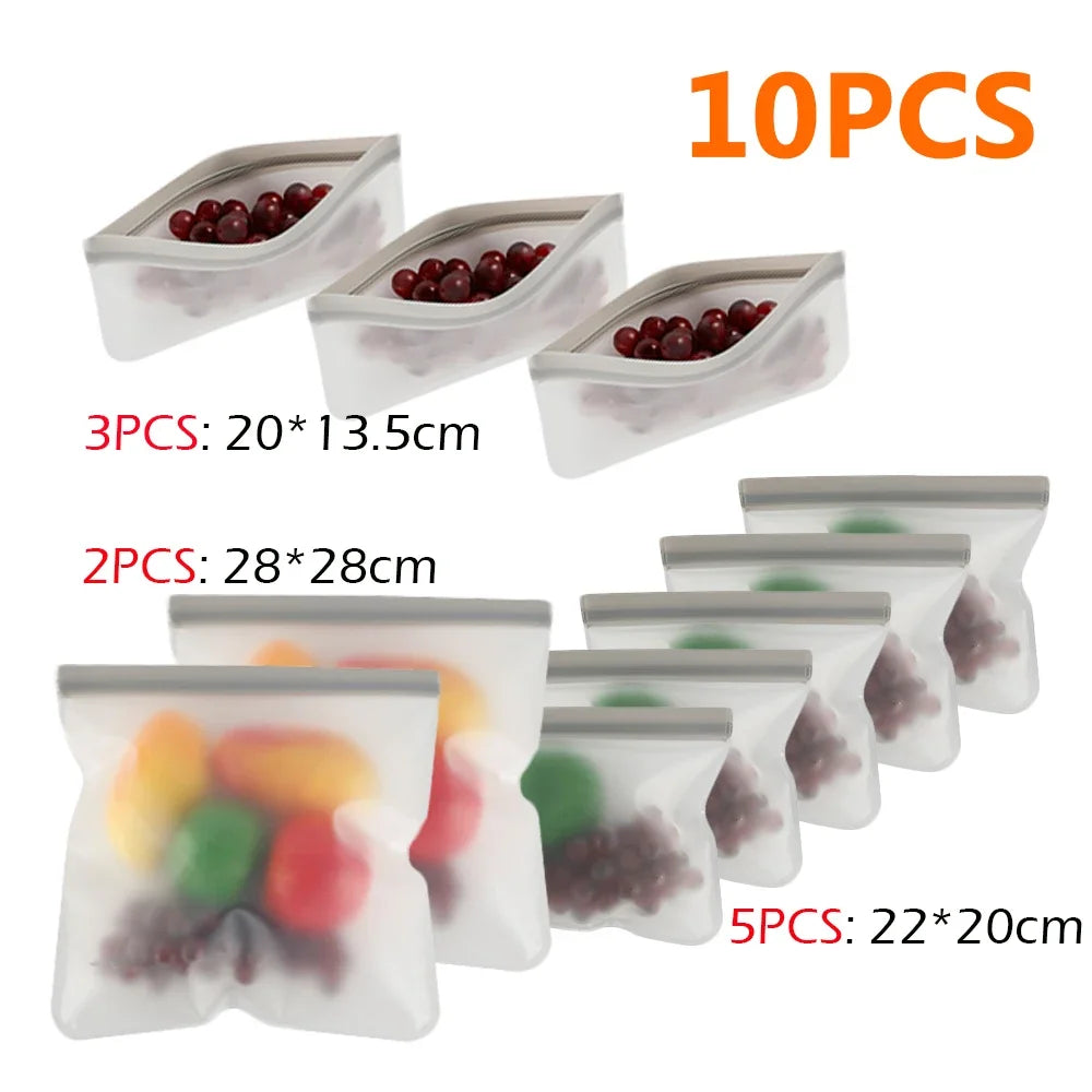 10Pcs Silicone Food Storage Bag Leakproof Reusable Stand Up Zip Shut Bag Cup Fresh Bag Food Storage Bag Fresh Wrap - AMULET RING STORE