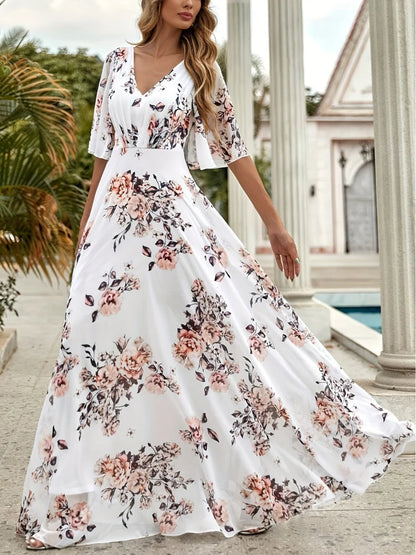 Wefads Women Long Dress Summer Casual Sexy V-Neck Lotus Leaf Sleeves Printed Beach Holiday Dresses - AMULET RING STORE