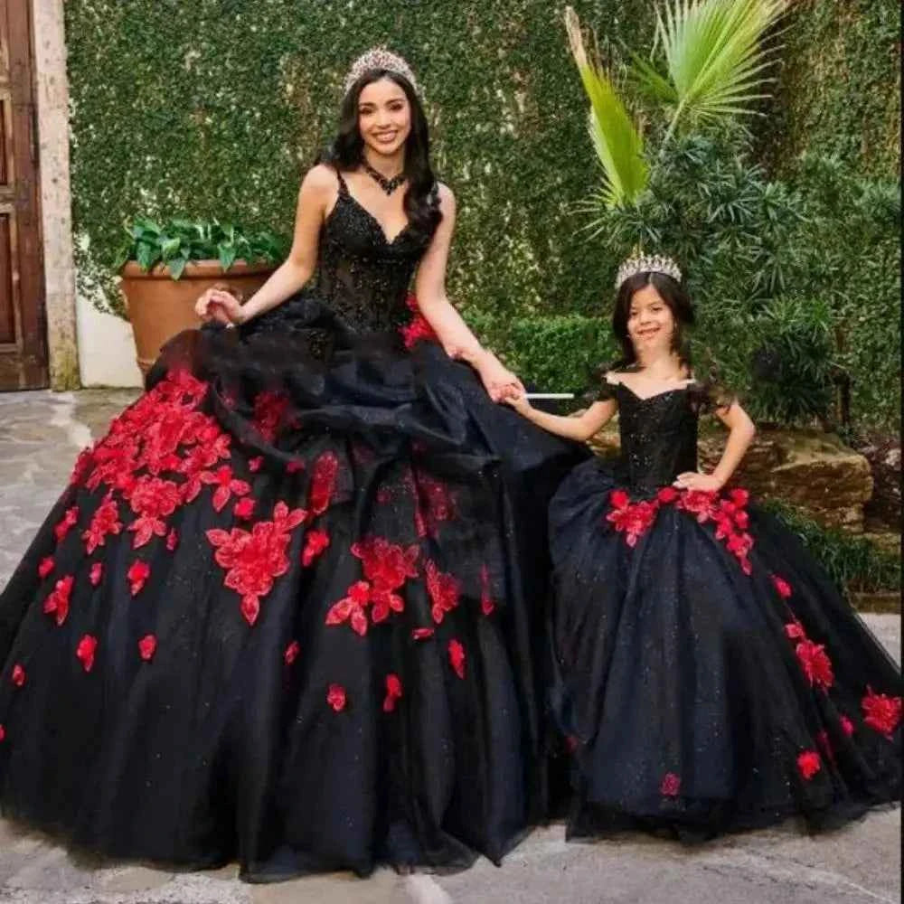 Black Flower Girl Dresses for Wedding Red Lace Appliques Girl Kids Birthday Ball Gown First Holy Communion Gowns Customized