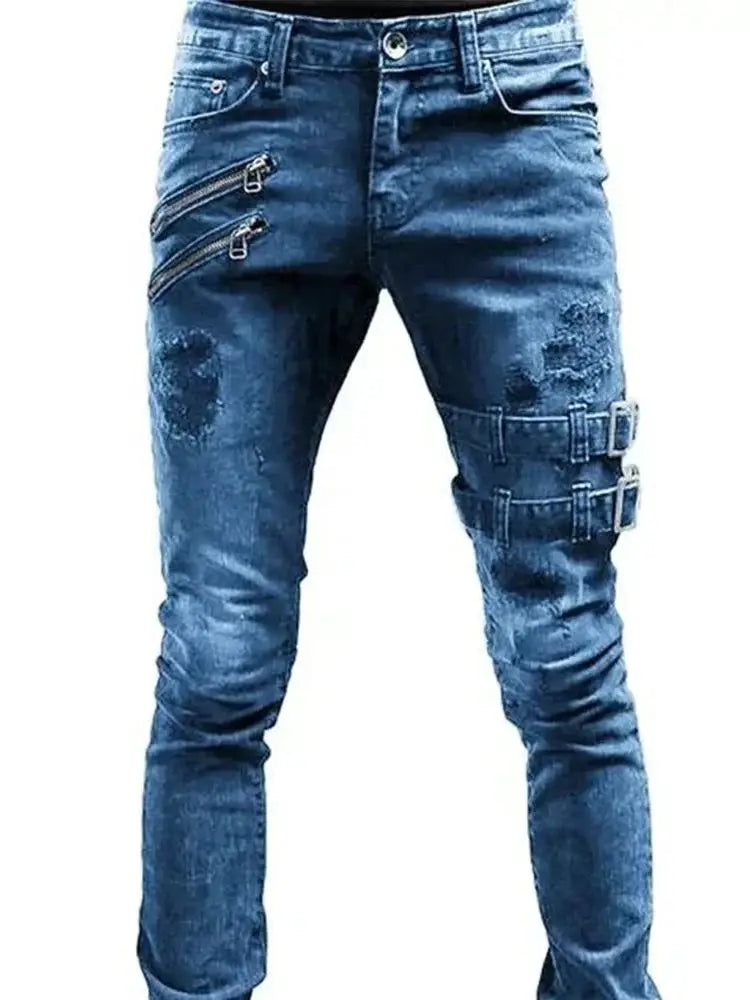 Retro Moto Biker Straight Elastic Jeans Men Zipper Hole Streetwear Punk Skinny Denim Cargo Pants Pantalones Hombre Y2K Clothing