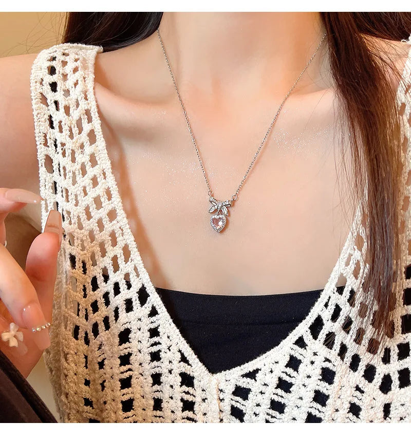 Korean Fashion Pink Crystal Heart Bow Tie Pendant Necklace Silver Color Chain Neck Necklace for Women Wedding Aesthetic Jewelry