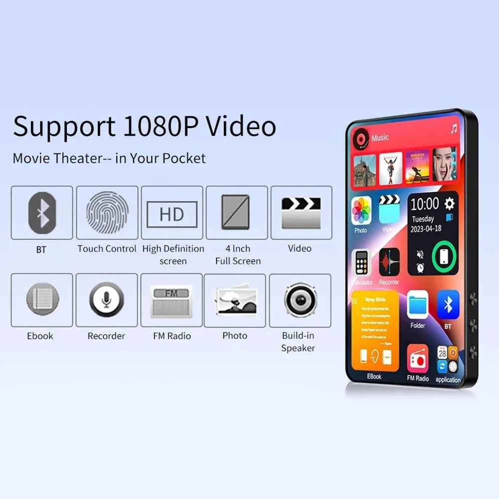 HD MP3 MP4 PlayerFull Touch ScreenBluetooth 5.2 Walkman16GBBuilt-in SpeakerMusic PlayerFM RadioRecordingEbook