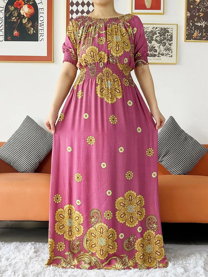 New Summer Women Abaya Short Sleeve Dashiki Floral Collect Waist Loose Maxi Robe Floral Femme Musulmane African Printing Abaya