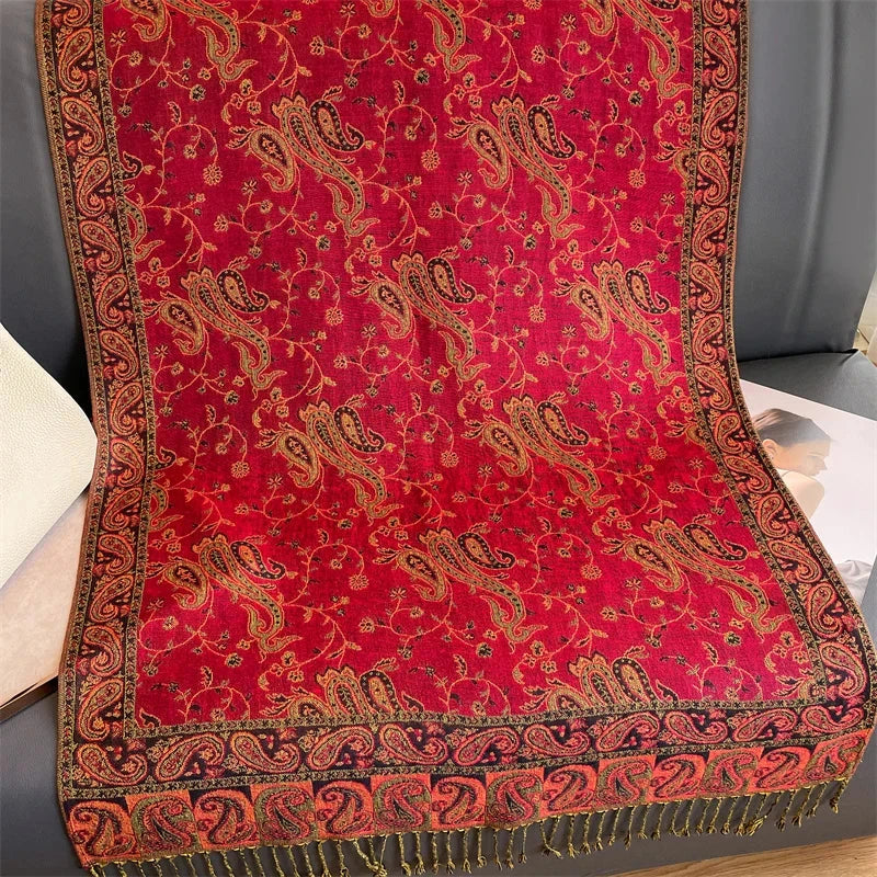 Women National Style Flower Pattern Scarf Jacquard Pashmina Cashmere Tassel Classic Shawl Coldproof Warm Neck Protection