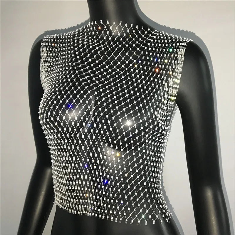 Women's Fishnet Rhinestone Crop Top 2024 Summer Sexy Mesh High Elastic Black White Shirt Net See Through Rave Diamond Tank Top - AMULET RING STORE