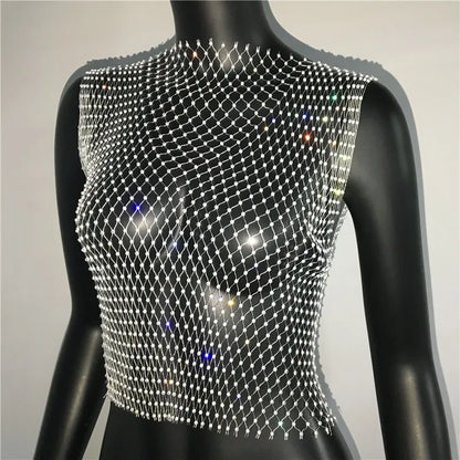 Women's Fishnet Rhinestone Crop Top 2024 Summer Sexy Mesh High Elastic Black White Shirt Net See Through Rave Diamond Tank Top - AMULET RING STORE