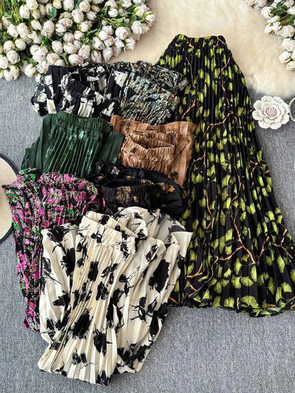 Chiffon A-Line Midi Skirt Women's Autumn 2025 New Sle Cover Hip Draped Large Swing Umbrella Skirt Pleated Floral Skirt