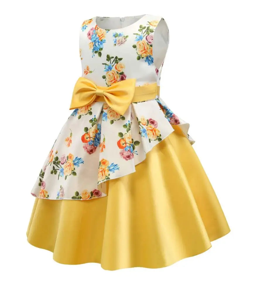 Summer Girls Rose Print Dress Princess Wedding Birthday Party Frocks Satin Children Vestidos Dresses For Girl Christmas Clothing