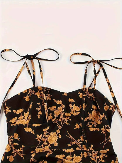 2024 European and American fashion plus size women's new flower print A-line skirt bow tie slit dress