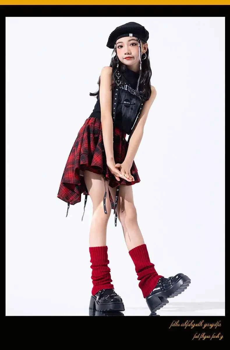 Hip Hop Girls Crop Top Plaid Street Dance Skirt Kids Ribbon Pleated Skirts Teens Jazz Cool Costumes Child Streetwear Clothes Set