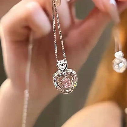 Korean Fashion Pink Crystal Heart Bow Tie Pendant Necklace Silver Color Chain Neck Necklace for Women Wedding Aesthetic Jewelry