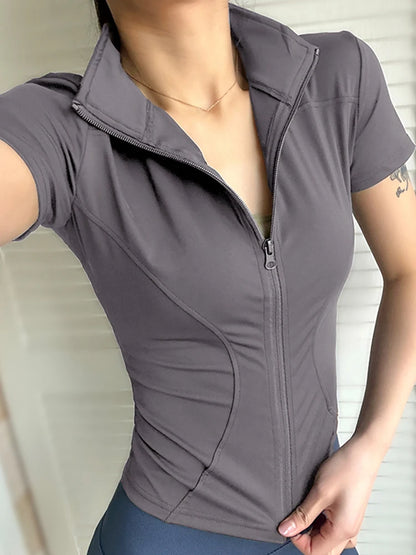 Summer High Quality Waist Slimming Training Tops Women's Quick-drying Tight Stand Collar Full Zipper Short Sleeves Yoga shirts - AMULET RING STORE