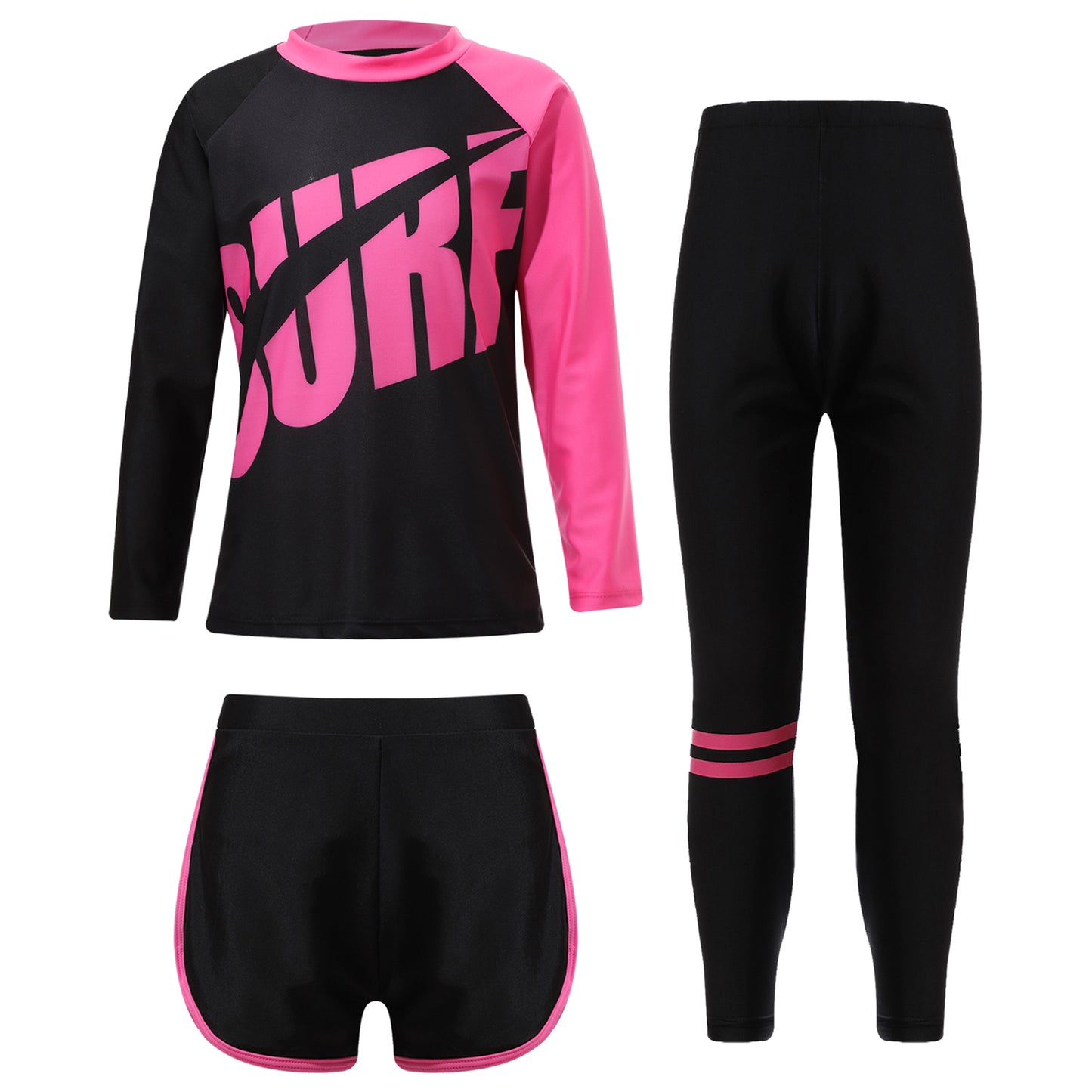 3Pcs Kids Girls Colorful Print Swimsuit Swimwear Long Sleeve Top+Shorts with Pants Set Sun Protection Rash Guard Swimming Outfit - AMULET RING STORE