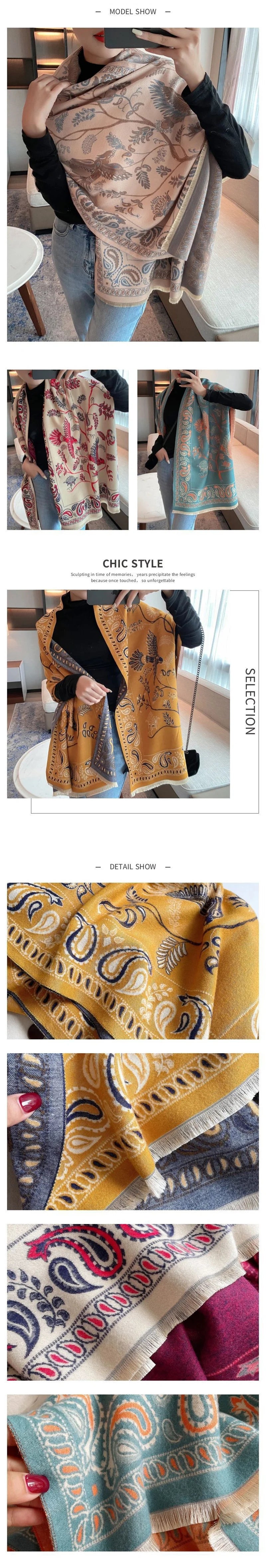 Winter Scarf Women Soft Cashmere Warm Pashmina Ethnic Blue Bird Print Scarves Wraps Thick Shawl Bufandas Tassel Stoles Hijabs - AMULET RING STORE