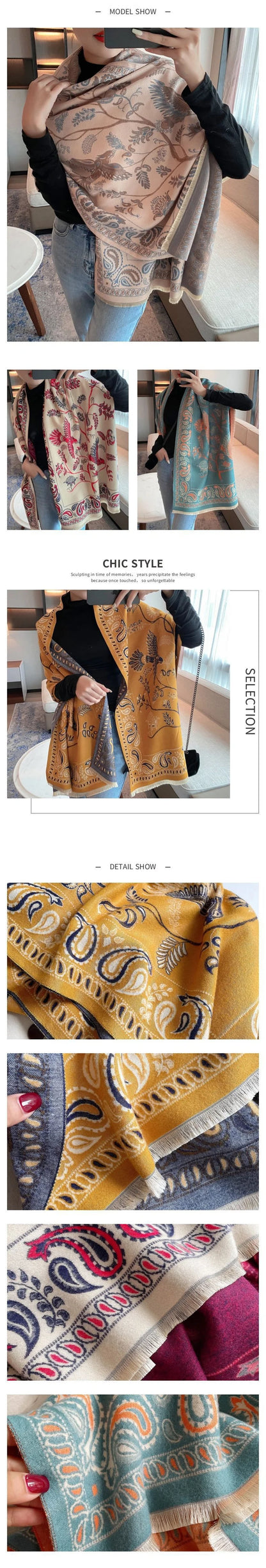 Winter Scarf Women Soft Cashmere Warm Pashmina Ethnic Blue Bird Print Scarves Wraps Thick Shawl Bufandas Tassel Stoles Hijabs - AMULET RING STORE