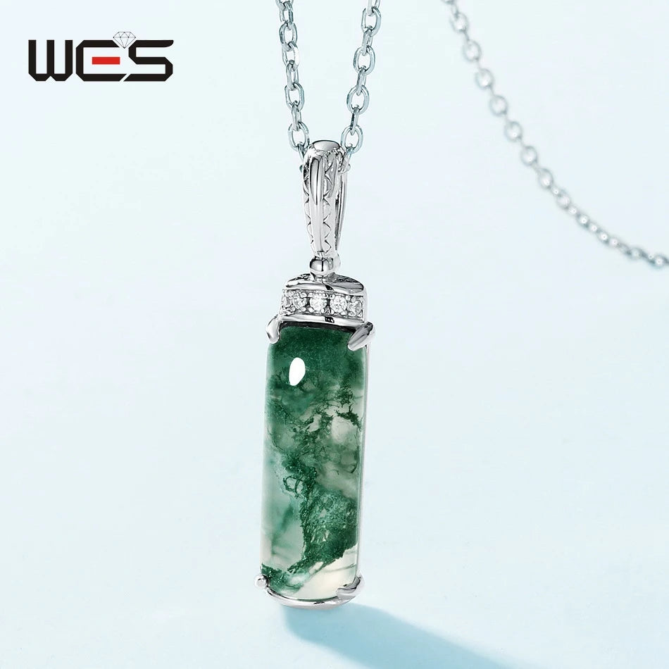 WES 100% 925 Silver Natural Unique Boho Moss Agate Pendant Necklace for Woman Earth Day Forest Jewelry Engagement Gift Wholesale - AMULET RING STORE
