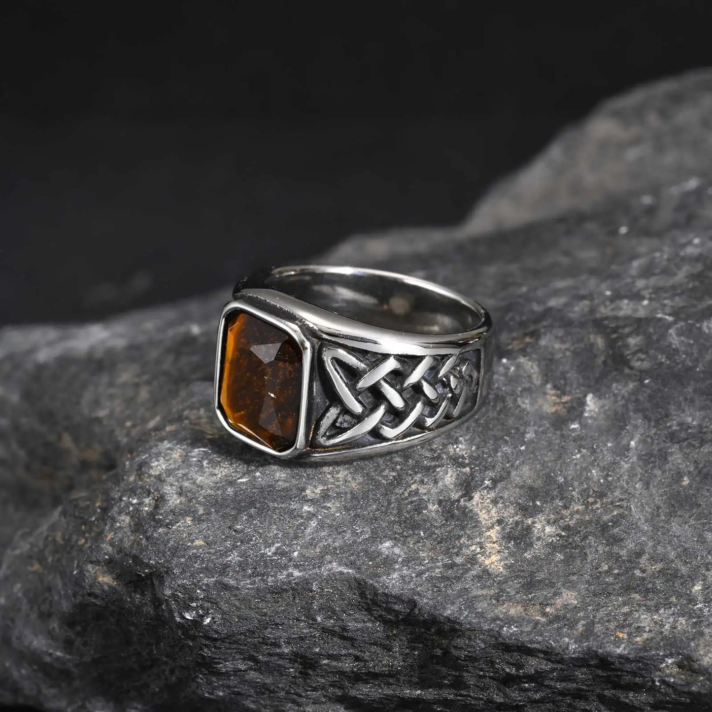 Punk Viking Knot Rings for Men,Vintage Square Natural Stone Signet Ring,Retro Ethnic Rock Jewelry Gift