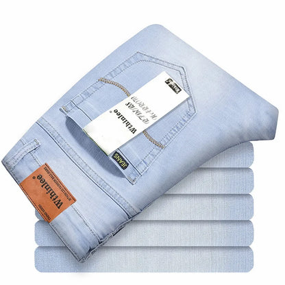 Brand Jeans 2025 Summer Business Jeans Men Light Blue Casual Straight Stretch Fashion Classic Work Denim Trousers Male Clothing