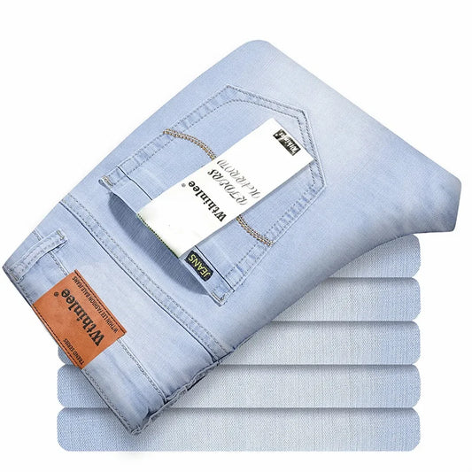 Brand Jeans 2025 Summer Business Jeans Men Light Blue Casual Straight Stretch Fashion Classic Work Denim Trousers Male Clothing