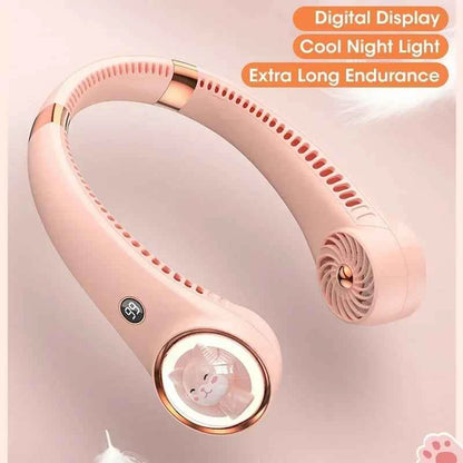 Bladeless Neck Fan 2000mAh USB Rechargeable Digital Display Cute Cat Hanging Mini for Travel Office