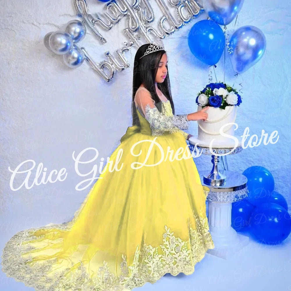 Customized Royal Blue Princess Flower Girl Dress for Wedding Lace Appliques Full Sleeve Baby Birthday Dress First Communion Gown