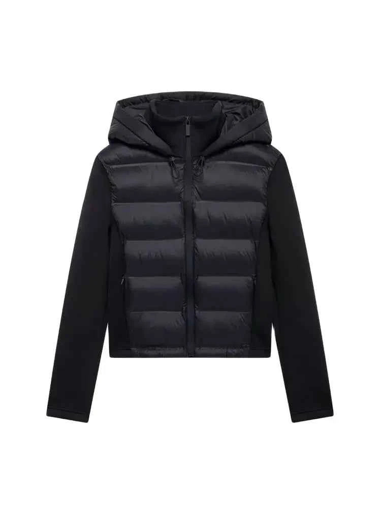 Hooded Patchwork Padded Jacket Coat with Pockets for Women, Long Sleeve, Front Zipper, Female Outerwear, Chic Tops, Fashion