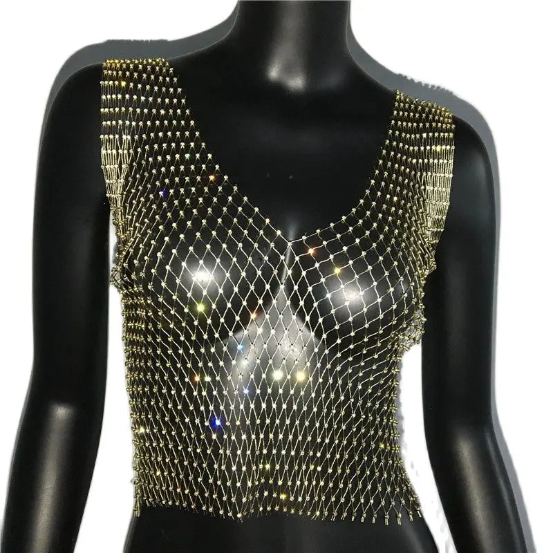 Women's Fishnet Rhinestone Crop Top 2024 Summer Sexy Mesh High Elastic Black White Shirt Net See Through Rave Diamond Tank Top - AMULET RING STORE