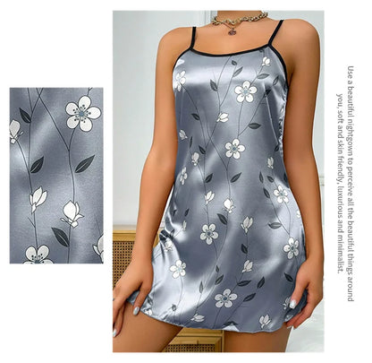 Women's Sleepdress Satin Floral Print Nightdress Comfortable Spaghetti Strap Sleepwear Dress Luxurious Satin Slip Nightdress - AMULET RING STORE