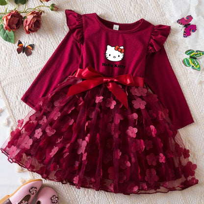 Hello Kitty Autumn Dress for Kid's Casual Clothes 3D Butterfly Cute Long Sleeve Baby Girls Princess Dress Party Dresses 2-6 Yrs