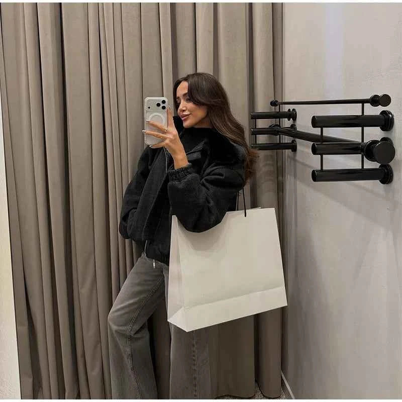 Solid Twill Denim Jacket Women Chic Patchwork Fur Collar Lapel Full Sleeve Zipper Pockets Loose Coat Lady Commute Street Wear