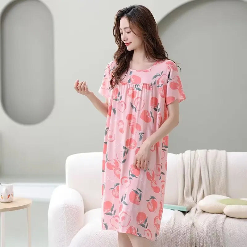 Women summer cotton nightgowns short-sleeved Korean loose big yards 4XL fit 100 kg nightshirt female floral print night dress