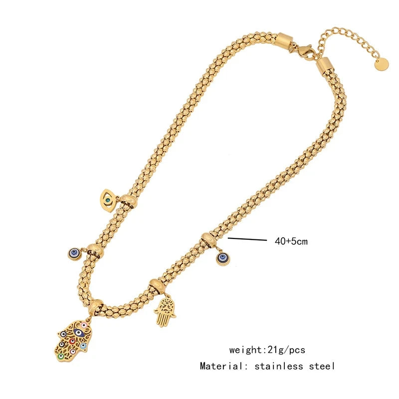 316L Stainless Steel New Fashion Fine Jewelry Colourful Eyes Palms Charm Hollow Thick Chain Necklace Bracelet Earrings For Women - AMULET RING STORE