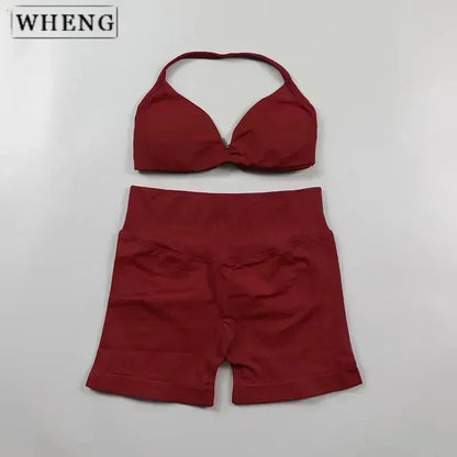 WHENG 2PCS Yoga Fitness Suit Women's Seamless Lace-Up Yoga Bra Top High Waist Workout Scratch Shorts Sports Suit Fitness Suit