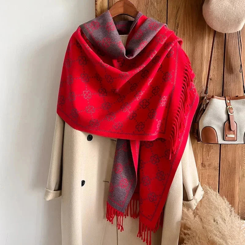 Women's Four Leaf Flower Shawl Core Spun Yarn Imitation Cashmere Tassel Warm Scarf Air Conditioning Shawl Scarf Autumn Winter