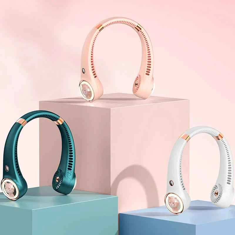 Bladeless Neck Fan 2000mAh USB Rechargeable Digital Display Cute Cat Hanging Mini for Travel Office