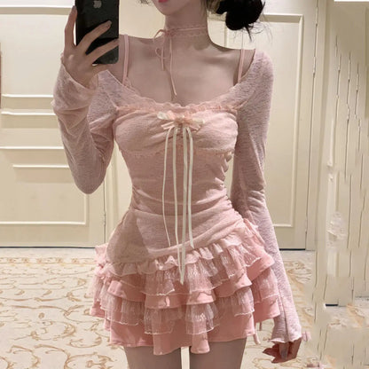 Spring and Summer Girl Temperament Pure Desire Style Lace Sweet New Suspender Cardigan Dress Two-piece Set